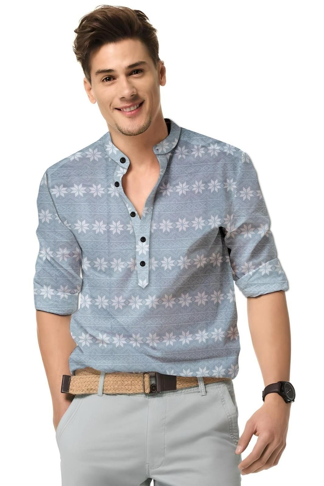 Men's Printed Spread Collar Casual Shirt Grey