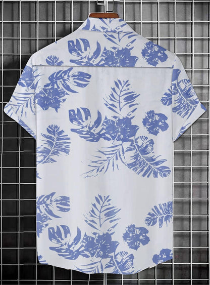 Men's Printed Half Sleeves Regular Collar Casual Shirt White & NavyBlue